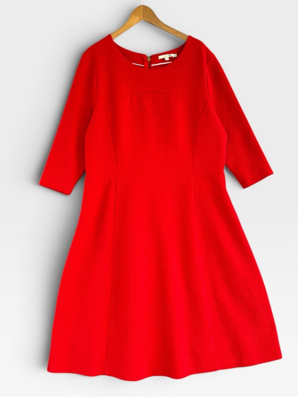 Boden Red Textured Fit-and-Flare Dress with Three-Quarter Sleeves